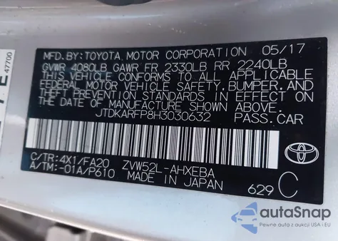 2017 Toyota Prius Prime Plus из США, поврежденный, VIN JTDKARFP8H3030632